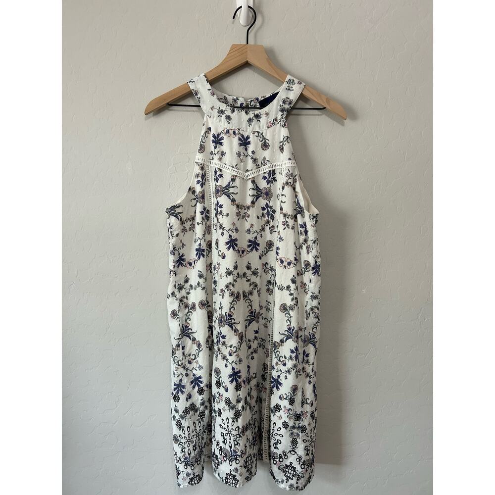 Blue Rain White & Blue Floral Halter Dress Keyhole Back Crochet Details Size M